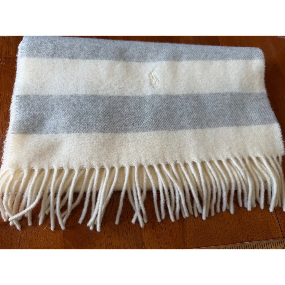 Polo Ralph Lauren Scarf Made in Italy Wool Striped Grey Cream Pony Logo Fringe